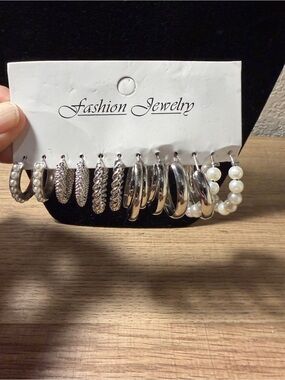 Fashion Jewelry 6 Piece Silver Hoop and Faux Pearl Earring Set